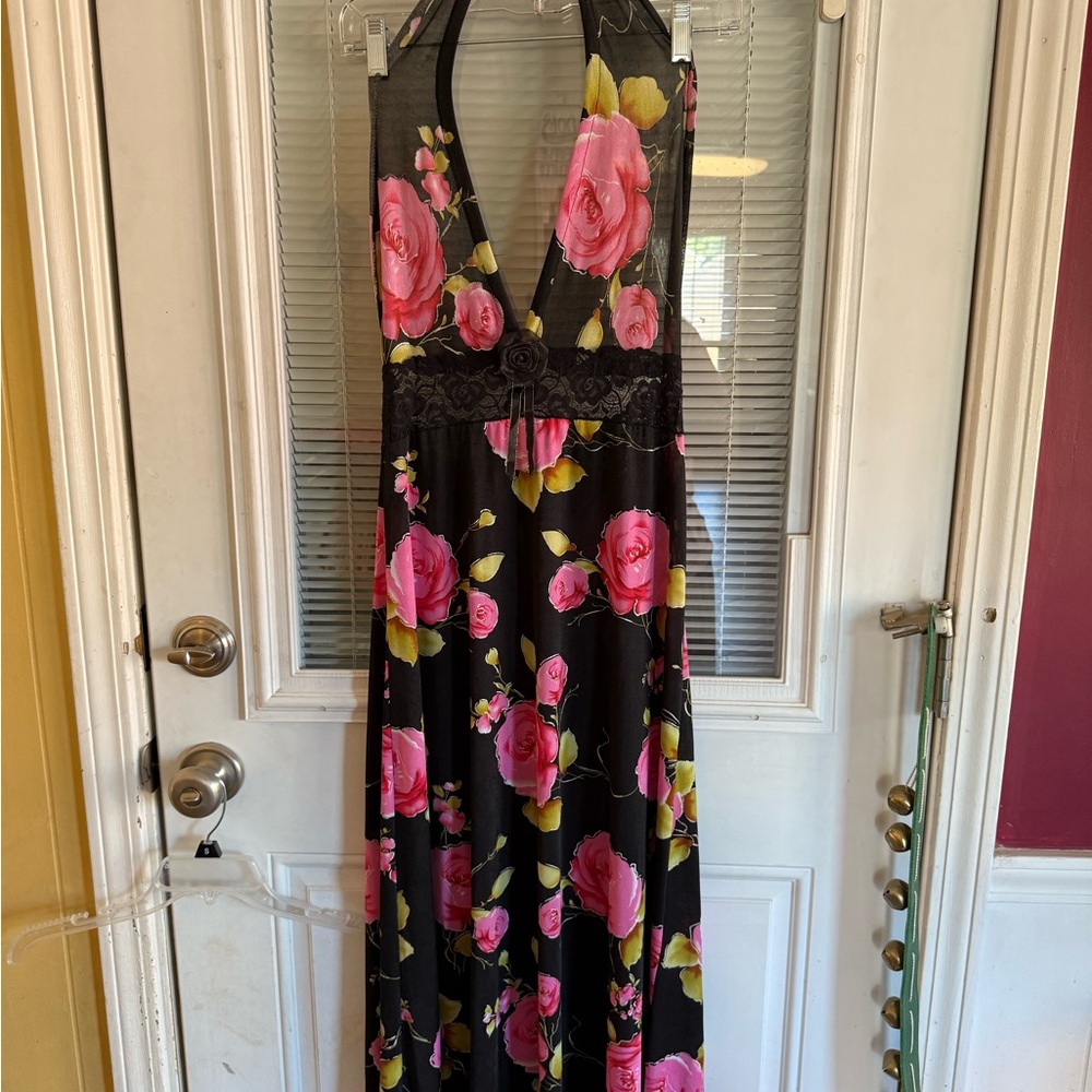 Floral Halter Maxi Slip Dress Textured Fabric Lace and Flower Detail Boho Fairy